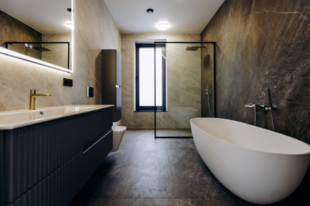 Explore a Modern Minimalist Bathroom with Elegant Design Elements for a chic vibeの写真素材