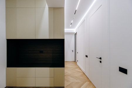 The concept of Modern Minimalist Hallway Interior Design emphasizes simplicity and eleganceの写真素材