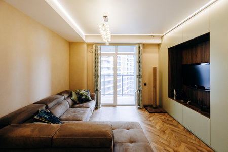 Experience the beauty of a Modern Minimalist Living Room that is filled with Natural Lightの写真素材