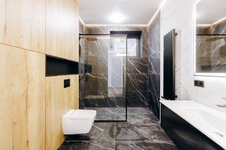 A bathroom with a walkin shower, toilet, sink, and mirrorの写真素材