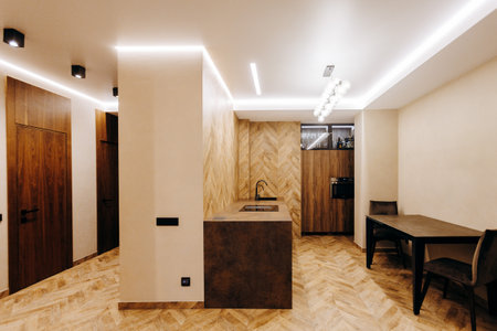 A beautifully designed Modern Minimalist Kitchen and Dining Area with stunning interior designの写真素材