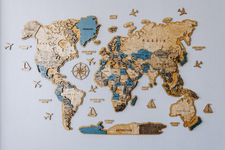 An exquisitely crafted Detailed Wooden World Map that incorporates Nautical Elements beautifullyの写真素材