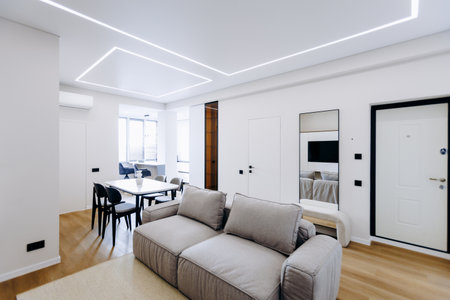Modern and Stylish Minimalist Living Room featuring Elegant and Thoughtful Design Elementsの写真素材