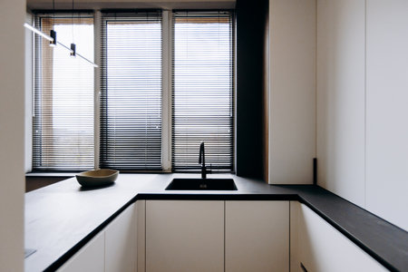 Exploring Modern Kitchen Design Featuring Sleek Black Accents and Abundant Natural Lightの写真素材