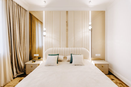 In the center of the room, there is a very large bed presentの写真素材