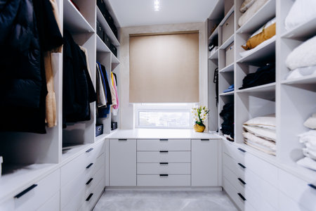 A spacious walkin closet filled with clothes and natural lightの写真素材