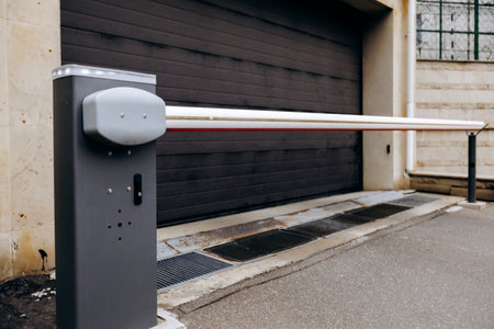 A multilevel parking garage, prominently featuring a no entry sign on its sideの写真素材