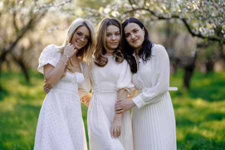 Three women in white dresses are happily posing in a parkの写真素材