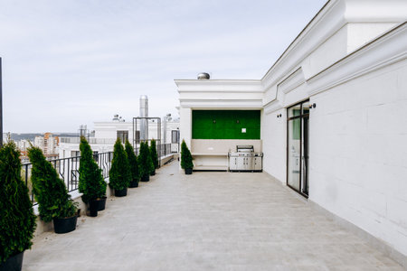 A rooftop terrace adorned with potted plants and a green wallの写真素材