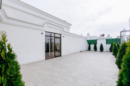 A large, elegant white building has a spacious patio and treesの写真素材