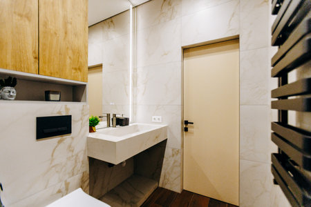 A bathroom featuring a toilet, sink, and a mirror for convenienceの写真素材