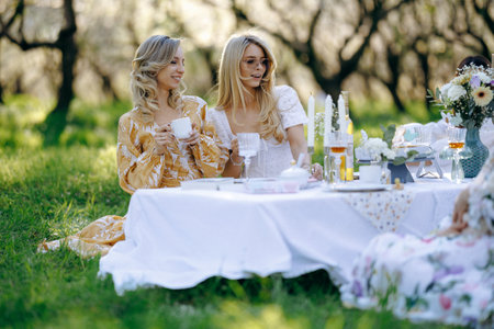 Women sitting at a table in the grass drinking teaの写真素材