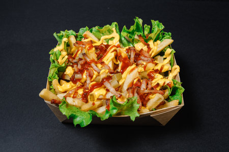 Tray of fries with lettuce, cheese, and bacon on black backgroundの写真素材