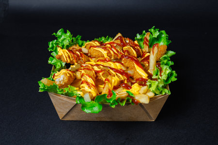 French fries with lettuce and ketchup on a black backgroundの写真素材