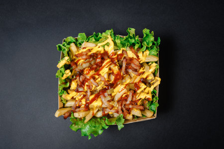 French fries with lettuce and sauce on a black backgroundの写真素材