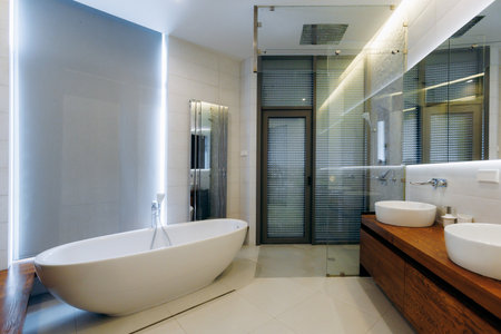 A Modern Luxurious Bathroom, showcasing Elegant Design Features to create an inviting atmosphere