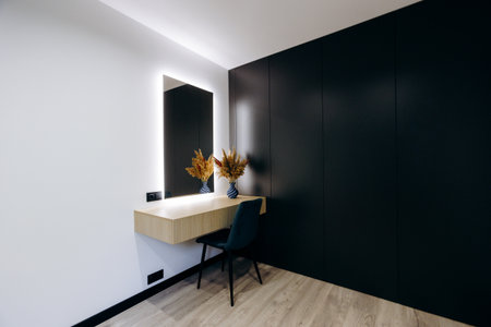 Explore a Modern Vanity Space beautifully designed with Elegant Decor and a Minimalist Touchの写真素材