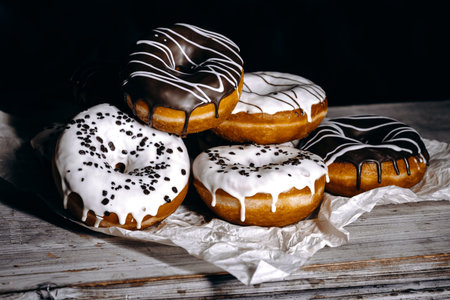 A Delicious Assortment of Iced Donuts Beautifully Arranged on a Rustic Wood Surfaceの写真素材