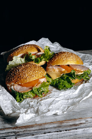 Indulge in these Delicious Sesame Seed Burgers made with Fresh and HighQuality Ingredientsの写真素材
