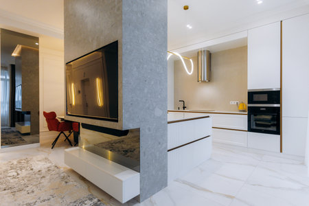 Experience a Stylish and Modern Kitchen that Features Elegant Design Elements and Detailsの写真素材