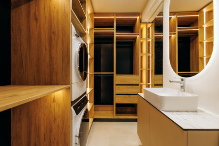 Discover a Stylish and Modern Bathroom that Features Ample Storage and an Elegant Designの写真素材