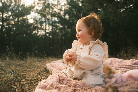An Adorable Little Baby is Joyfully Playing Outdoors While Surrounded by Natures Beauty