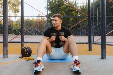 A young man actively exercising outdoors while using dumbbells in his fitness routineの写真素材