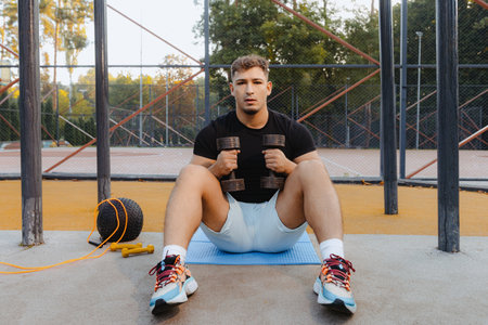 Man Engaging in Physical Exercise with Dumbbells at Outdoor Gym Facility for Fitness Enthusiasts