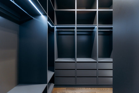Explore modern walkin closet designs with sleek, innovative storage solutions for your homeの写真素材