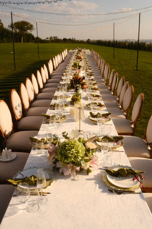 evening communal table with seasonal decor, farmyard setting with cheerful gathering and seasonal
