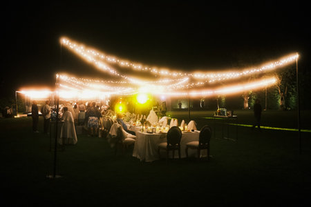 evening wine festival with merriment, evening vineyard party illuminated by lights and cheerfulの写真素材