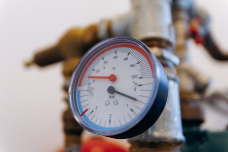 macro shot of pressure dial on brass piping emphasizing technical accuracy and immediate inspectionの写真素材