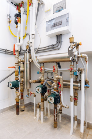 industrial plumbing setup, diagnostic inspection of plumbing network with safety measuresの写真素材