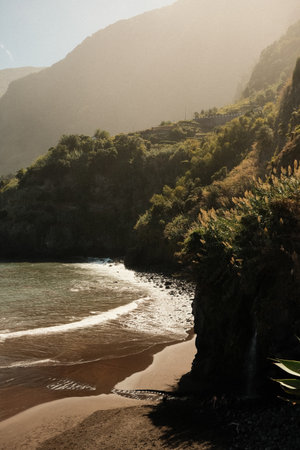 Secluded bay featuring lush surroundings and tranquil waterの写真素材