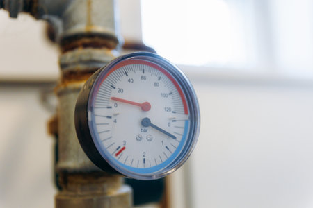 residential heating device displaying gauge and piping inspection in natural sunlight environmentの写真素材