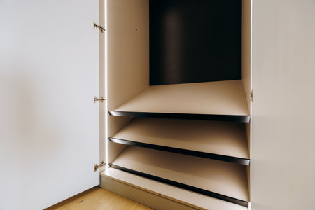 Minimalist interior showcasing flexible storage optionsの写真素材