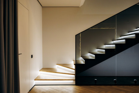Illuminated staircase with glass balustrade and wooden treads