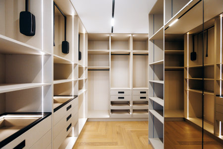 dressing closet with mirror panels and integrated lightingの写真素材