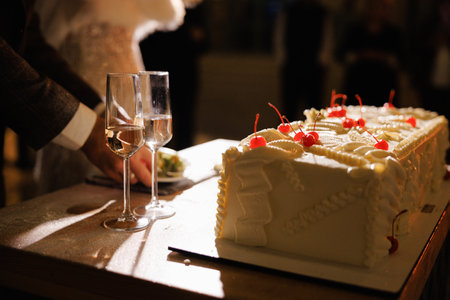 Happy visitors hold up glasses admiring ornate wedding cake