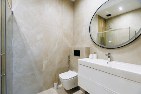 Elegant washroom with sleek fixtures and organized accessories