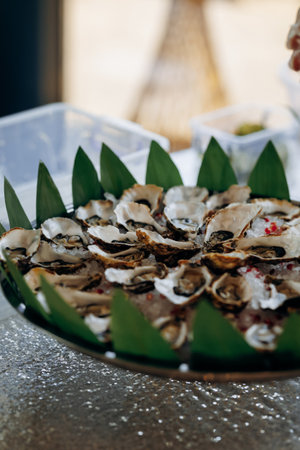 Refined seafood arrangement with ambient lighting and ornateの写真素材