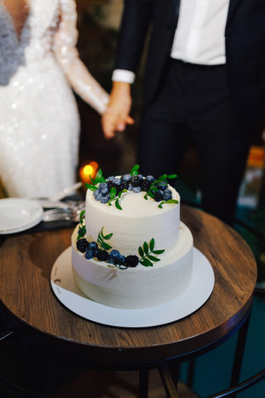 Joyful couple shares cake during cozy wedding reception scene