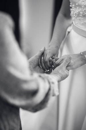 Serene scene capturing vows and textured fabric details