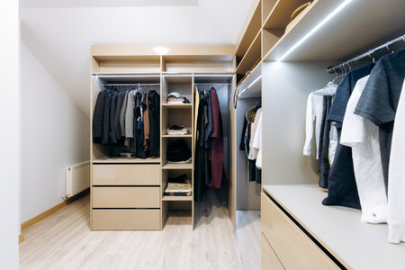 Contemporary lighttoned wardrobe with organized storageの写真素材