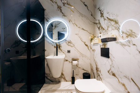 Sophisticated hotel washroom emphasizing modern minimalism and comfortの写真素材