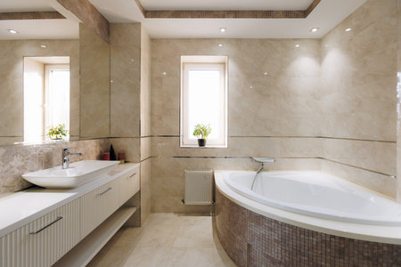 bright contemporary bathroom with corner tub and vanity