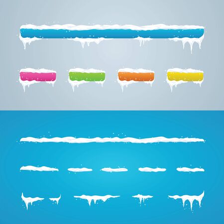 Snow caps on menu bar and buttons. New year decoration set for website. Snowflakes and iciclesのイラスト素材