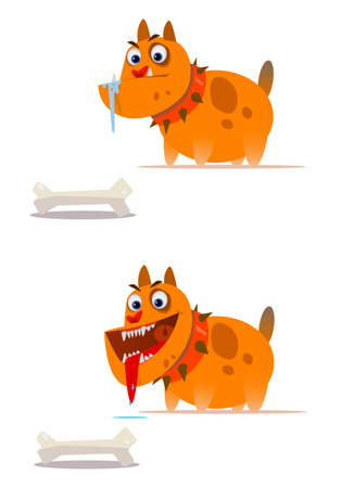 Emotional dog looks at a bone. Cartoon vector illustrationのイラスト素材