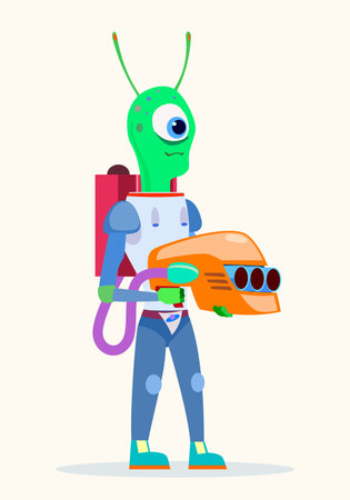 Cartoon vector illustration. Friendly alien in a suit with a gunのイラスト素材