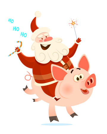 Santa riding a pig. Cartoon flat style illustrationのイラスト素材